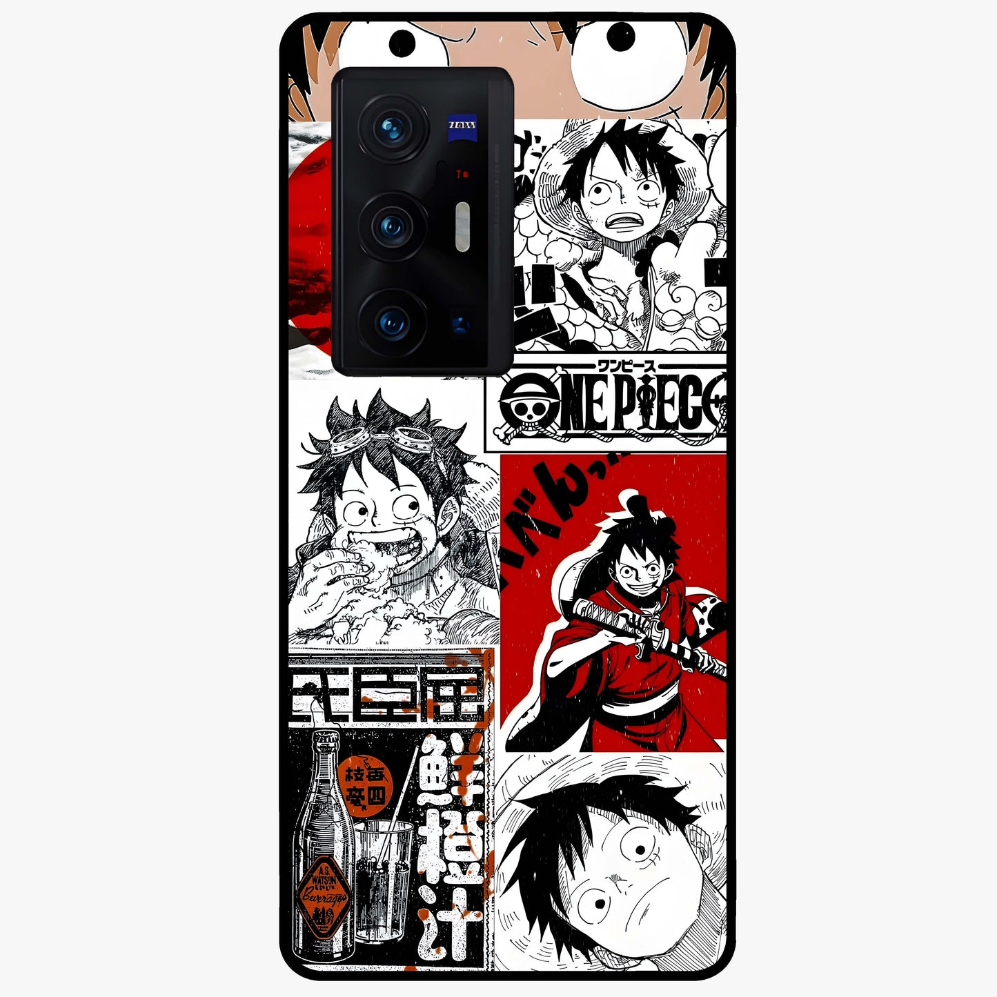 Strawhat Chaos Panels Glass Case showing flat back view with anime inspired chaos panel artwork and glossy glass finish.