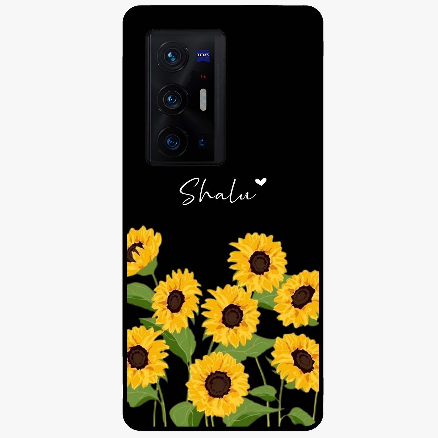 Sunflower Chic Mood Custom Name Glass Case showing flat back view with stylish sunflower artwork and personalized name design.