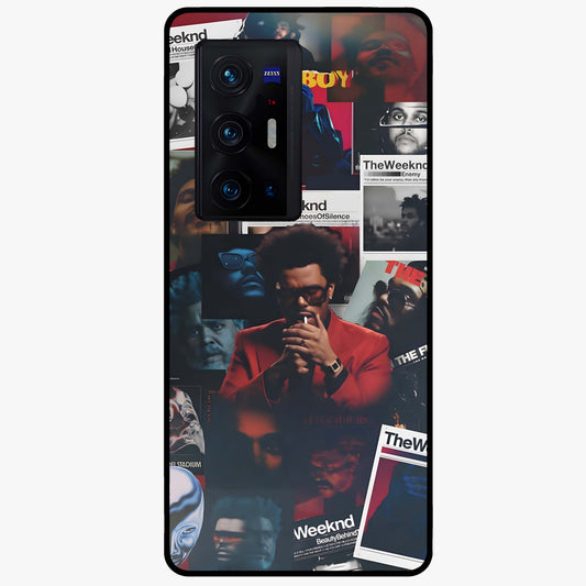 The Weeknd Glass Case showing flat back view with music inspired artistic portrait artwork and glossy glass finish.