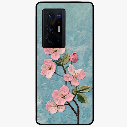 Threaded Blossom Breeze Glass Case showing flat back view with delicate blossom artwork and glossy glass finish.