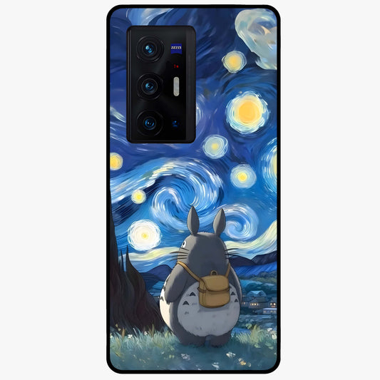 Totoro In Van Gogh Art Glass Case showing flat back view with whimsical character artwork inspired by Van Gogh style and glossy glass finish.
