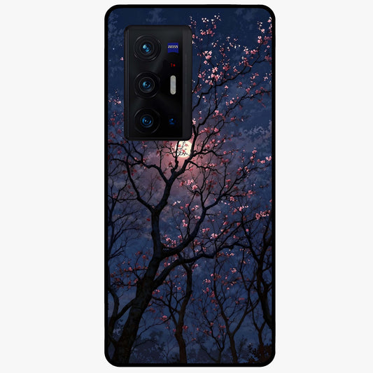 Twilight Sakura Serenade Glass Case showing flat back view with cherry blossom artwork at twilight and glossy glass finish.