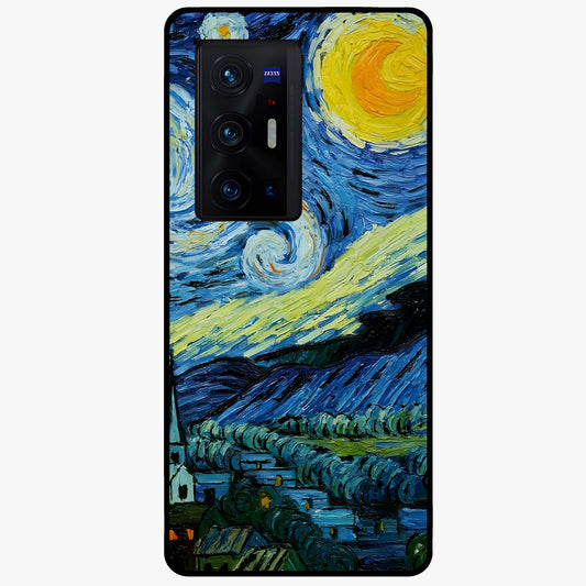 Van Gogh Art Glass Case showing flat back view with classic painterly artwork inspired by Van Gogh style and glossy glass finish.