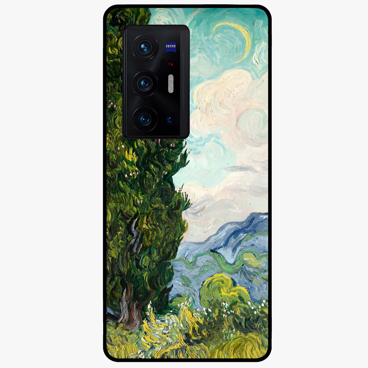 Van Gogh Vintage Art Glass Case showing flat back view with vintage painterly artwork inspired by Van Gogh style and glossy glass finish.