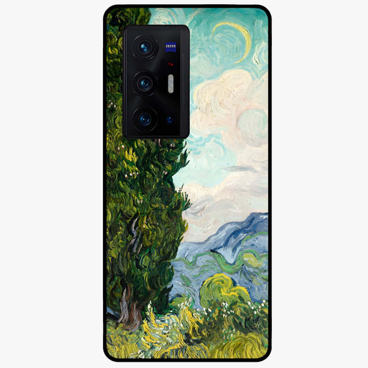 Van Gogh Vintage Art Glass Case showing flat back view with vintage painterly artwork inspired by Van Gogh style and glossy glass finish.