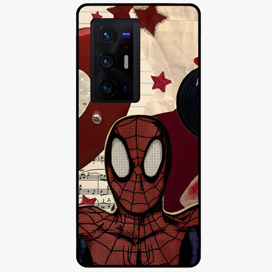 Web Warrior Vibes Glass Case showing flat back view with superhero inspired web themed artwork and glossy glass finish.