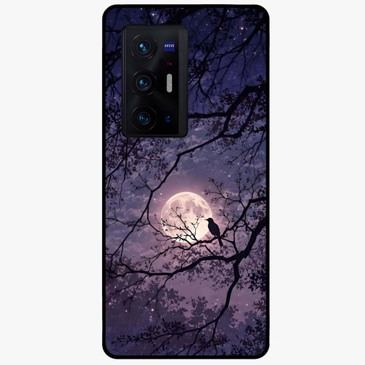 Whispering Moon Silence Glass Case showing flat back view with serene moon themed artwork and glossy glass finish.