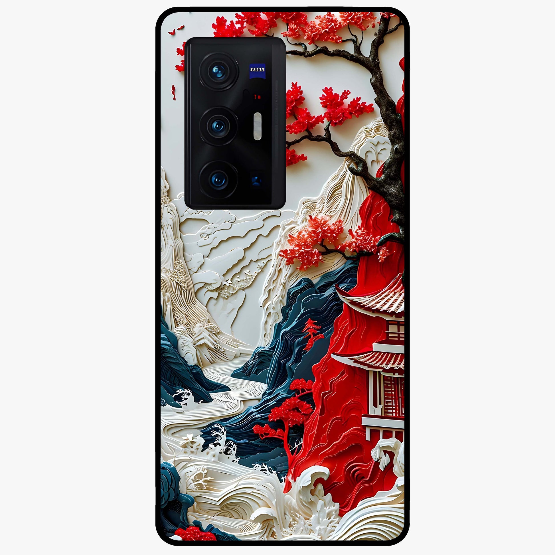Whispers Of Sakura Waves Glass Case showing flat back view with cherry blossom wave artwork and glossy glass finish.