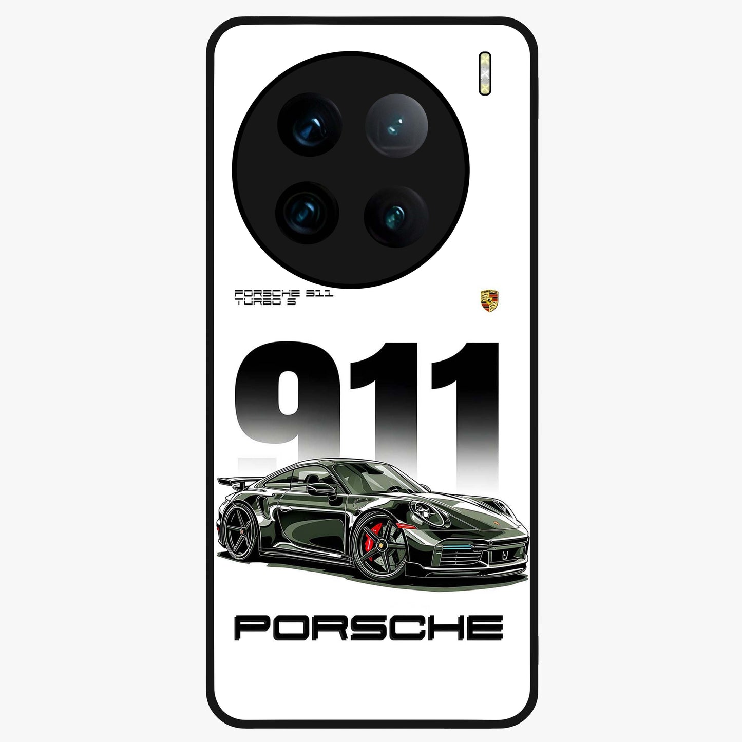 911 Turbo Dominance Glass Case showing clean flat back view with bold 911 sports car artwork and glossy glass finish.