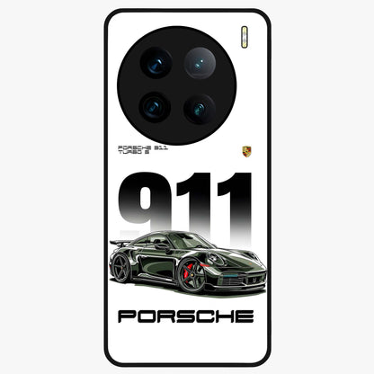 911 Turbo Dominance Glass Case showing clean flat back view with bold 911 sports car artwork and glossy glass finish.