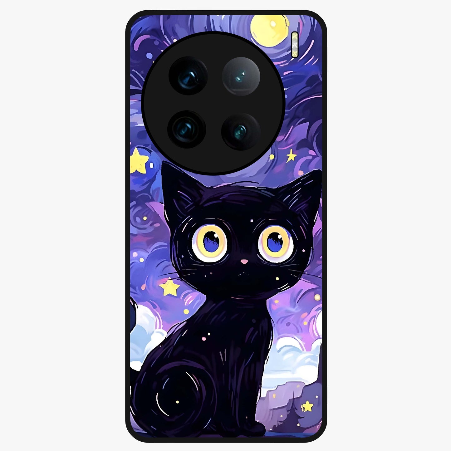 Abstract Cat Art Glass Case showing flat back view with artistic cat illustration and glossy glass finish.