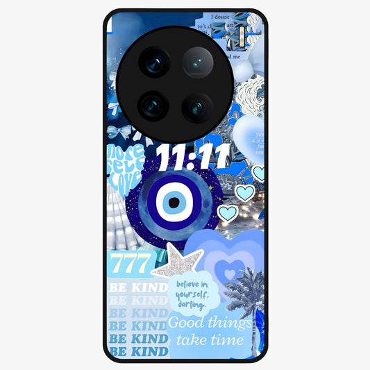 Aesthetic Be Kind Eye Glass Case showing flat back view with motivational eye artwork and glossy glass finish.