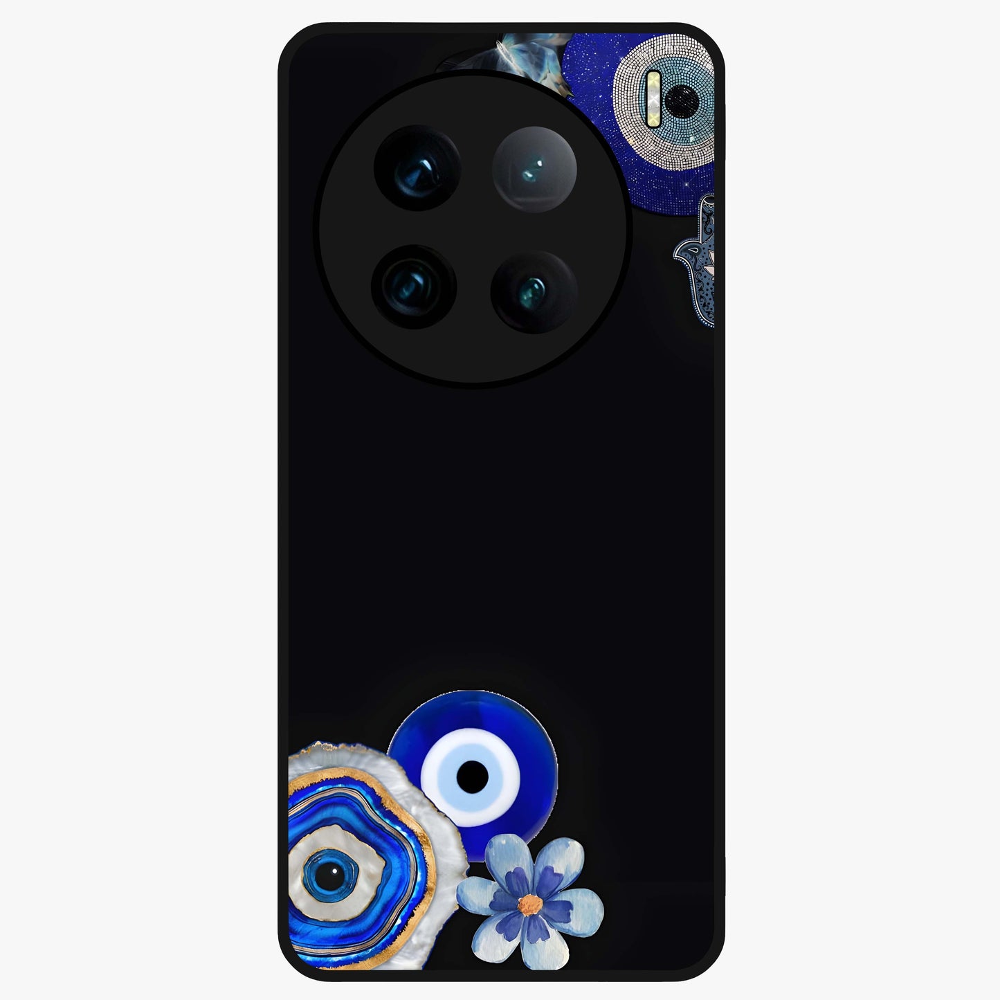 Aesthetic Blue Evil Eye Glass Case showing flat back view with protective evil eye artwork and glossy glass finish.