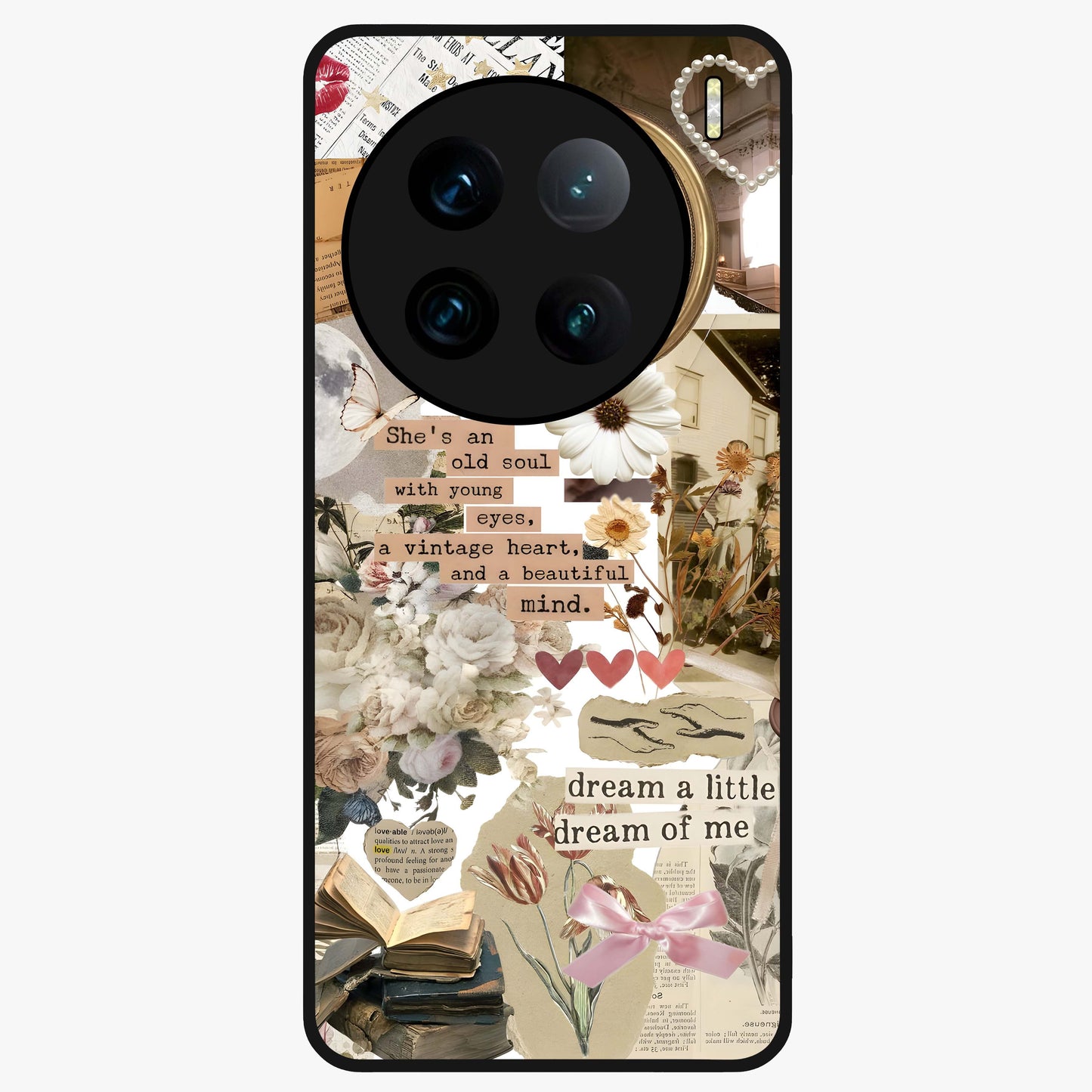 Aesthetic Brown Vintage Collage Glass Case showing flat back view with retro collage artwork and glossy glass finish.