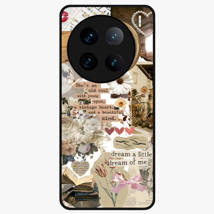 Aesthetic Brown Vintage Collage Glass Case showing flat back view with retro collage artwork and glossy glass finish.