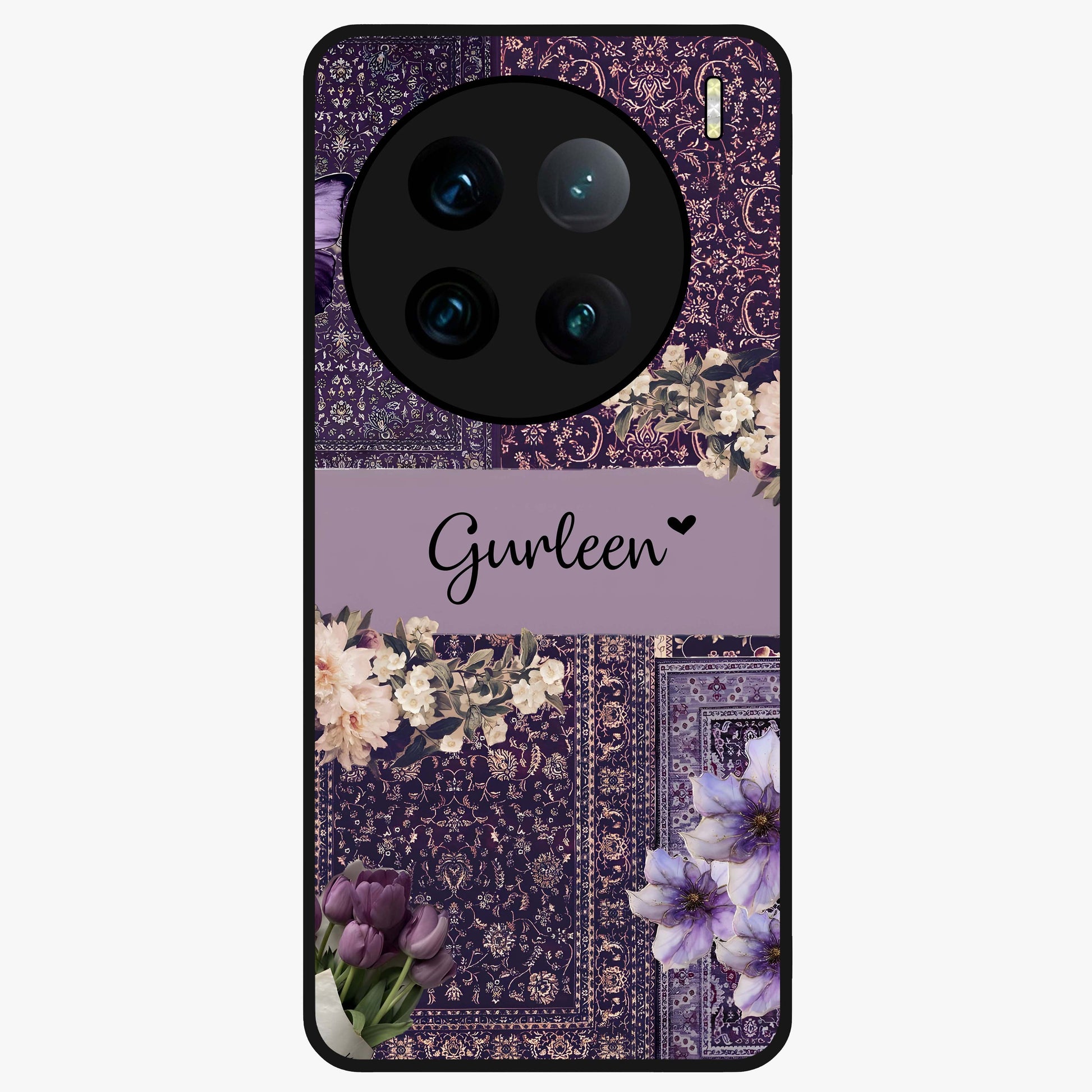 Antique Floral Whisper Custom Name Glass Case showing flat back view with vintage floral artwork and personalized name design.