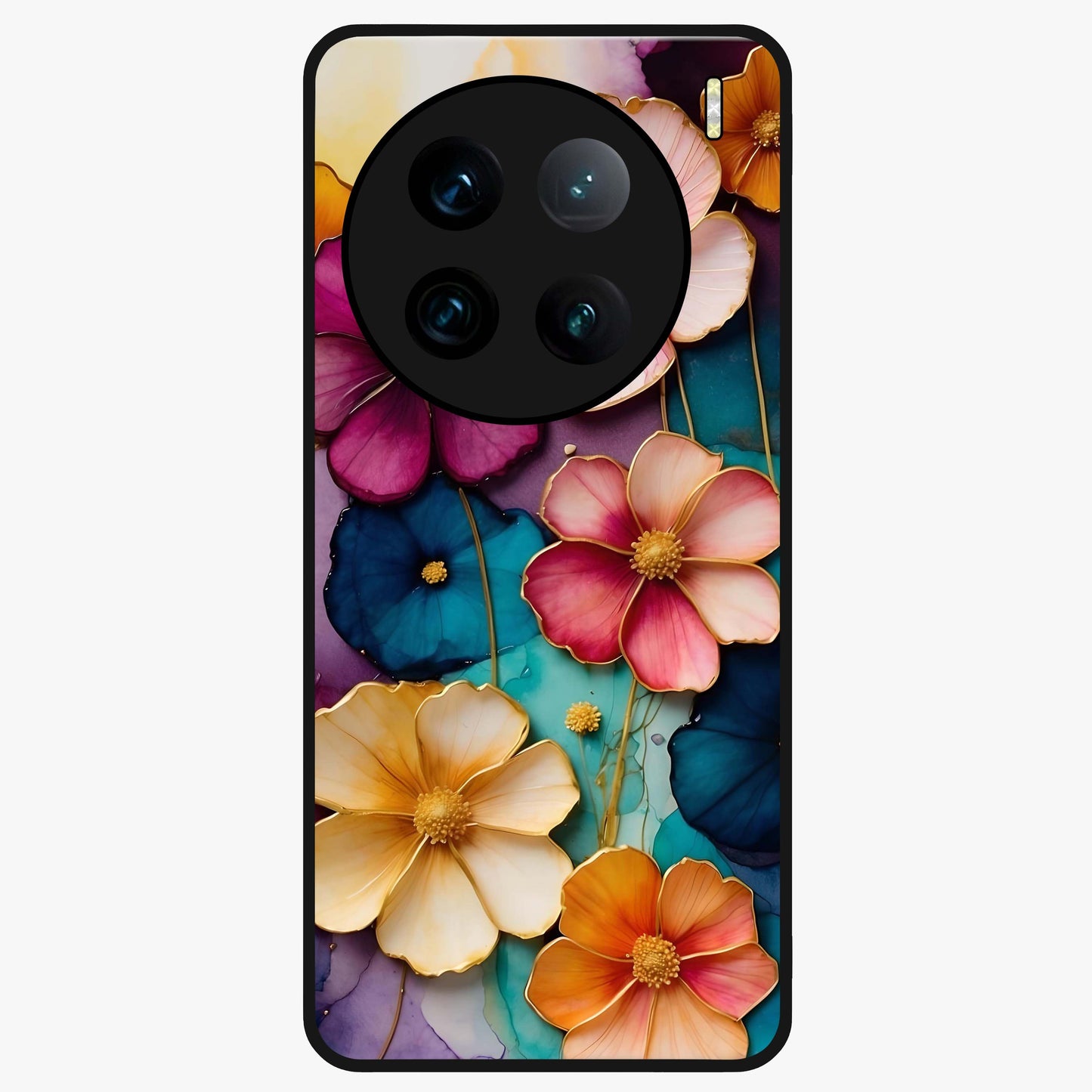 Artlyn Grace Flower Pattern Glass Case showing flat back view with elegant floral pattern artwork and glossy glass finish.