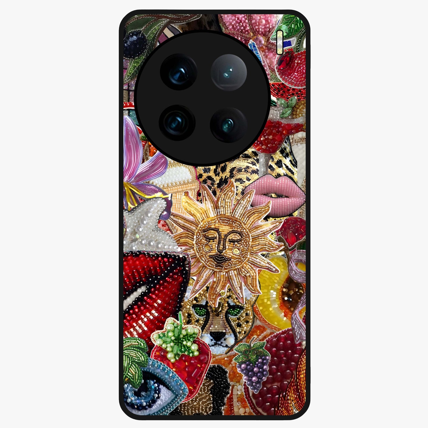 Beaded Fashion Jungle Glass Case showing flat back view with vibrant jungle inspired bead artwork and glossy glass finish.