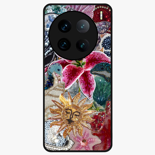 Beaded Garden Fantasy Glass Case showing flat back view with dreamy garden bead artwork and glossy glass finish.