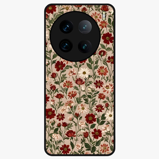Biege Flower With Leaf Glass Case showing flat back view with soft beige floral artwork and glossy glass finish.