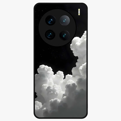 Black Background With White Cloud Glass Case showing flat back view with minimal cloud artwork on dark background and glossy glass finish.