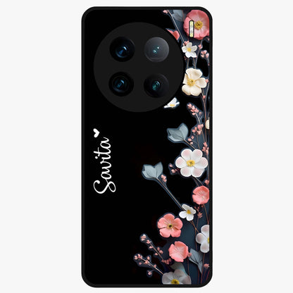 Black Elegance Floral Custom Name Glass Case showing flat back view with elegant floral artwork and personalized name design.