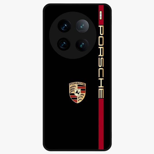 Black Minimal Porsche Glass Case showing flat back view with sleek minimal sports car artwork and glossy glass finish.