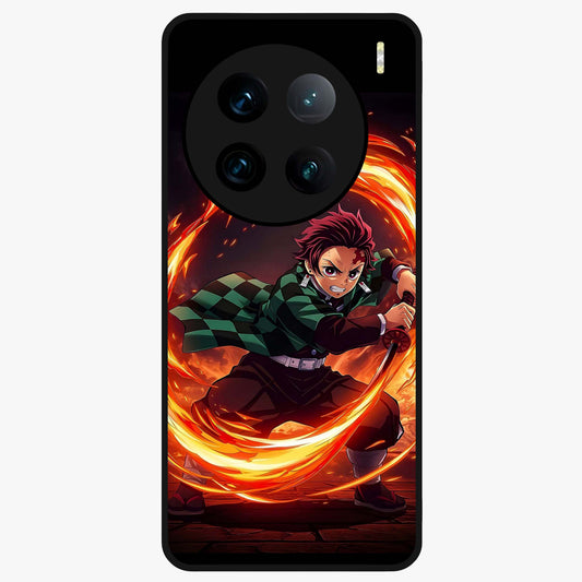 Blazing Sword Resolve Glass Case showing flat back view with fiery sword artwork and glossy glass finish.