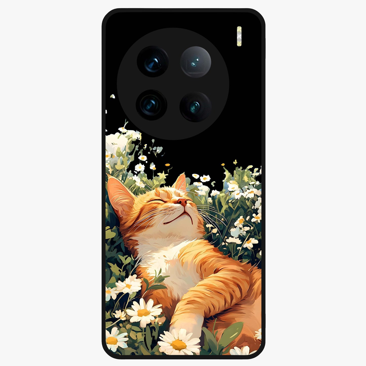 Blissful Bloom Cat Glass Case showing flat back view with cute cat and floral bloom artwork and glossy glass finish.