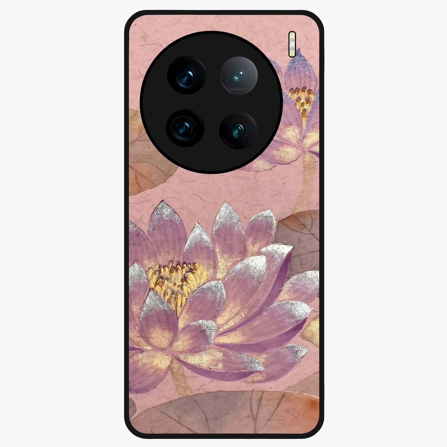 Blossom Mist Lotus Glass Case showing flat back view with serene lotus blossom artwork and glossy glass finish.