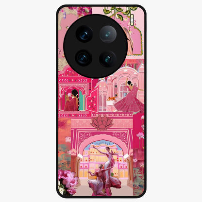 Blossoms of Rajasthan Glass Case showing flat back view with traditional floral artwork inspired by Rajasthan and glossy glass finish.
