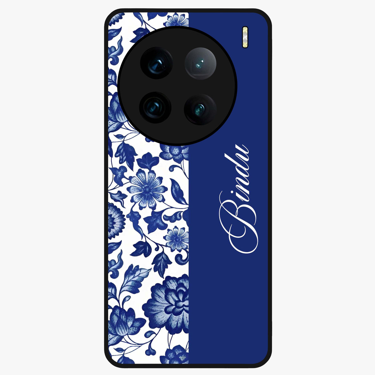 Blue Vintage Floral Pattern Glass Case upright view showcasing timeless floral illustration with vintage inspired style.