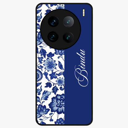 Blue Vintage Floral Pattern Glass Case upright view showcasing timeless floral illustration with vintage inspired style.