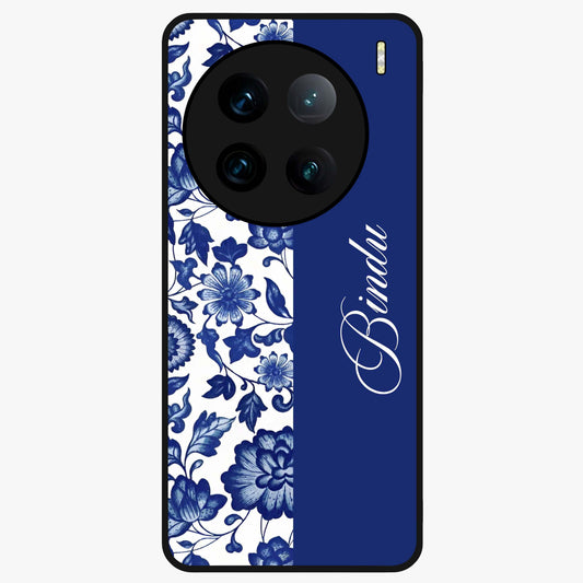 Blue Vintage Floral Pattern Glass Case upright view showcasing timeless floral illustration with vintage inspired style.