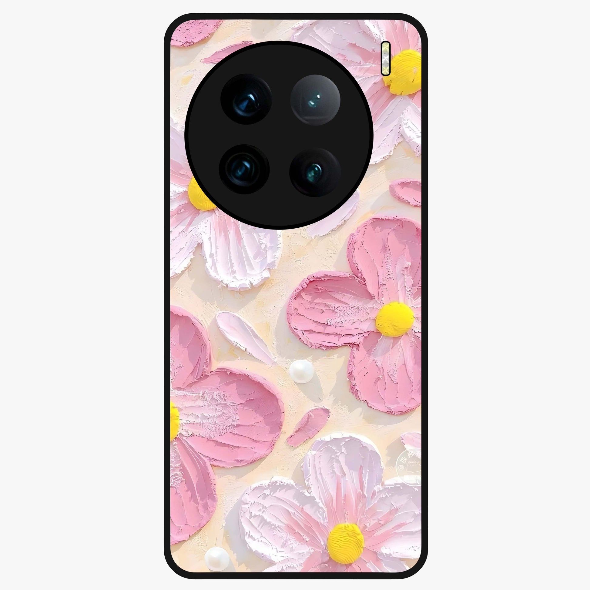 Blush Bloom Texture Glass Case showing flat back view with soft blush floral texture artwork and glossy glass finish.