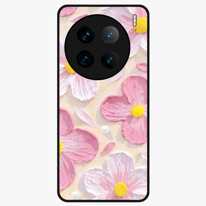 Blush Bloom Texture Glass Case showing flat back view with soft blush floral texture artwork and glossy glass finish.