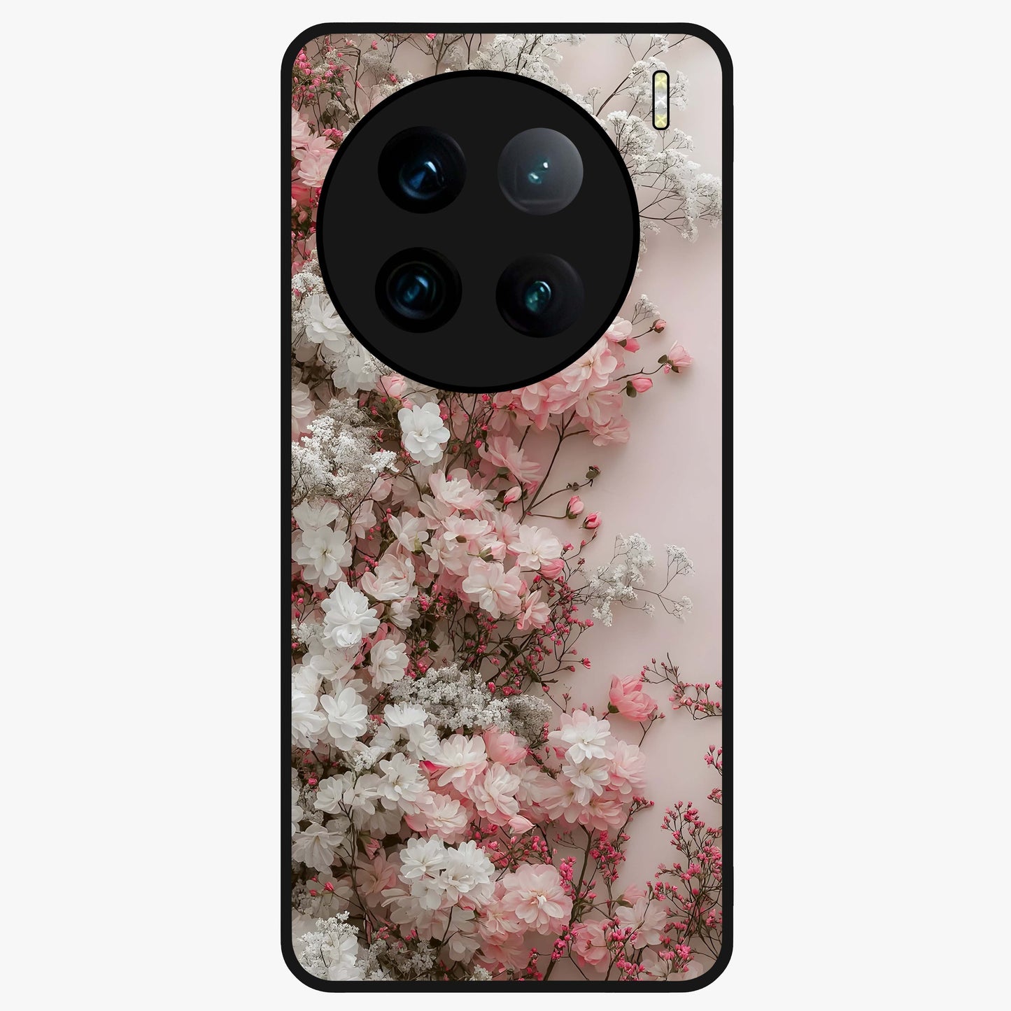 Blush Blossom Cloud Glass Case showing flat back view with dreamy blush cloud blossom artwork and glossy glass finish.