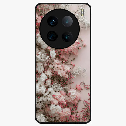 Blush Blossom Cloud Glass Case showing flat back view with dreamy blush cloud blossom artwork and glossy glass finish.