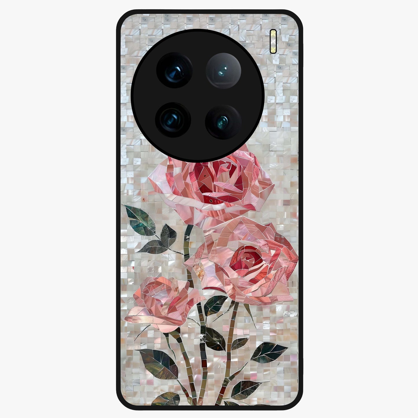 Blush Mosaic Bloom Glass Case showing flat back view with mosaic floral bloom artwork and glossy glass finish.