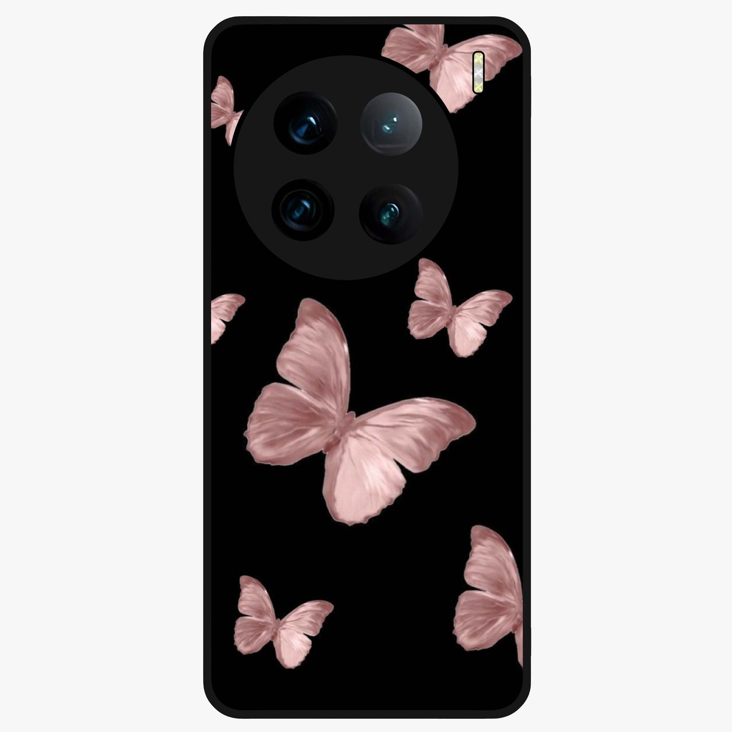 Butterfly Pattern Glass Case showing flat back view with elegant butterfly pattern artwork and glossy glass finish.