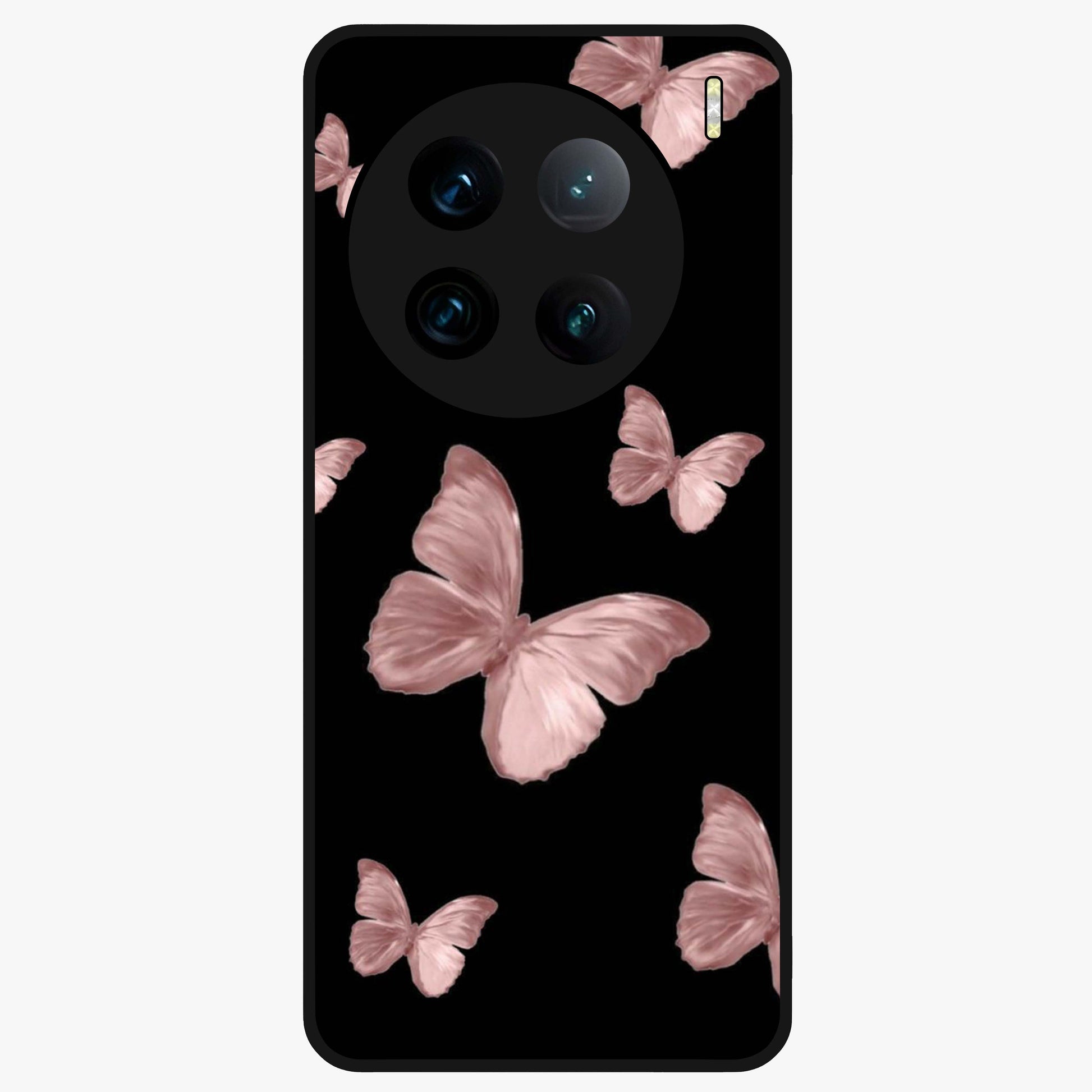 Butterfly Pattern Glass Case showing flat back view with elegant butterfly pattern artwork and glossy glass finish.