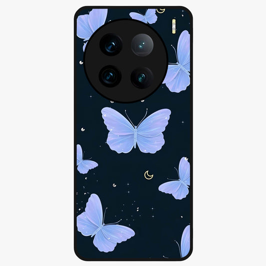 Butterfly With Stars Pattern Glass Case showing flat back view with butterfly and star pattern artwork and glossy glass finish.
