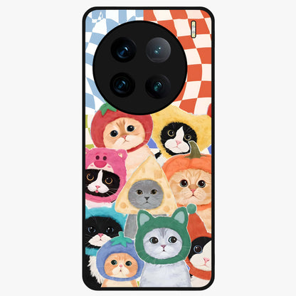 Cats in Fruits Glass Case showing flat back view with playful cat illustrations inside fruit artwork and glossy glass finish.