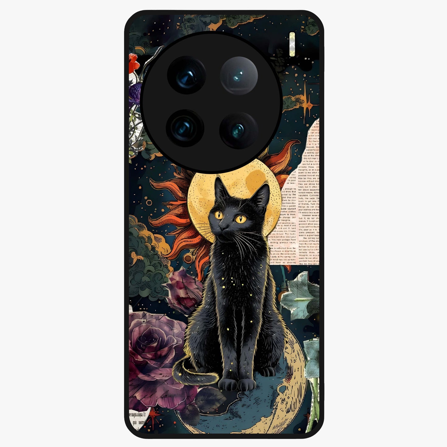 Celestial Black Cat Glass Case showing flat back view with mystical black cat artwork and glossy glass finish.