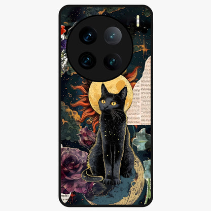 Celestial Black Cat Glass Case showing flat back view with mystical black cat artwork and glossy glass finish.
