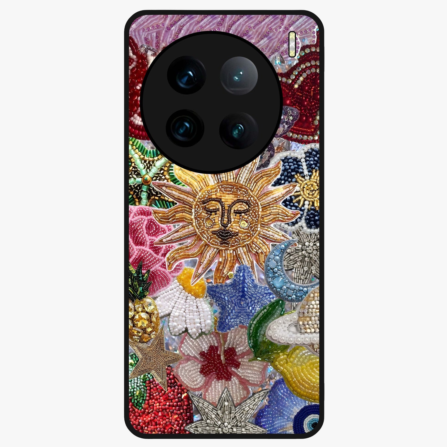 Celestial Floral and Playful Glass Case showing flat back view with floral and celestial themed artwork and glossy glass finish.