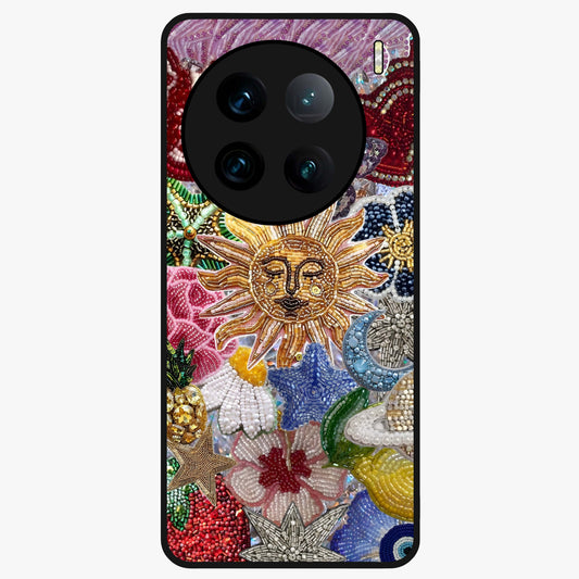 Celestial Floral and Playful Glass Case showing flat back view with floral and celestial themed artwork and glossy glass finish.