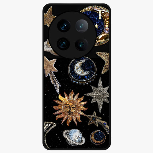 Celestial Gem Constellations Glass Case showing flat back view with sparkling constellation artwork and glossy glass finish.