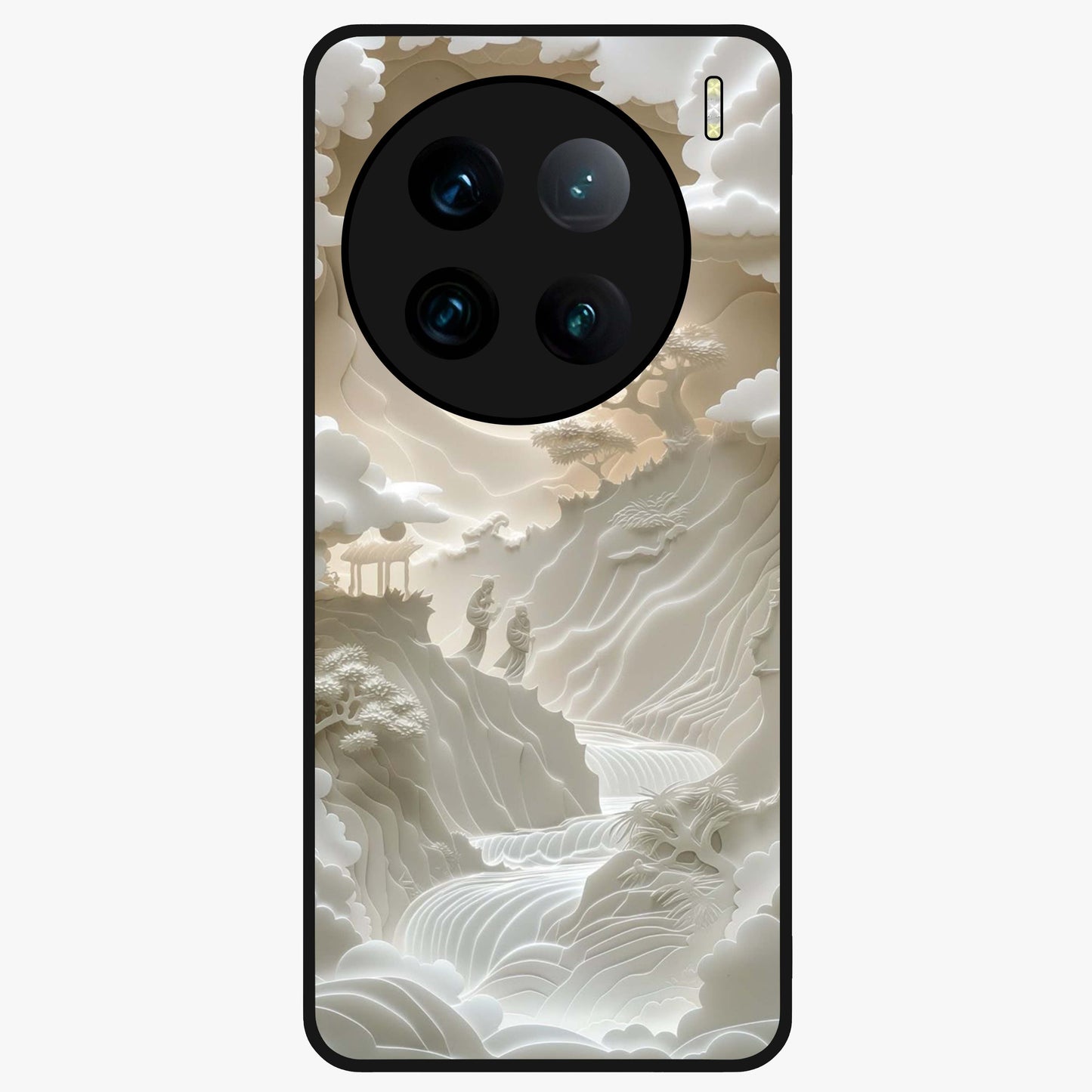 Celestial Origami Glass Case showing flat back view with artistic origami inspired celestial artwork and glossy glass finish.