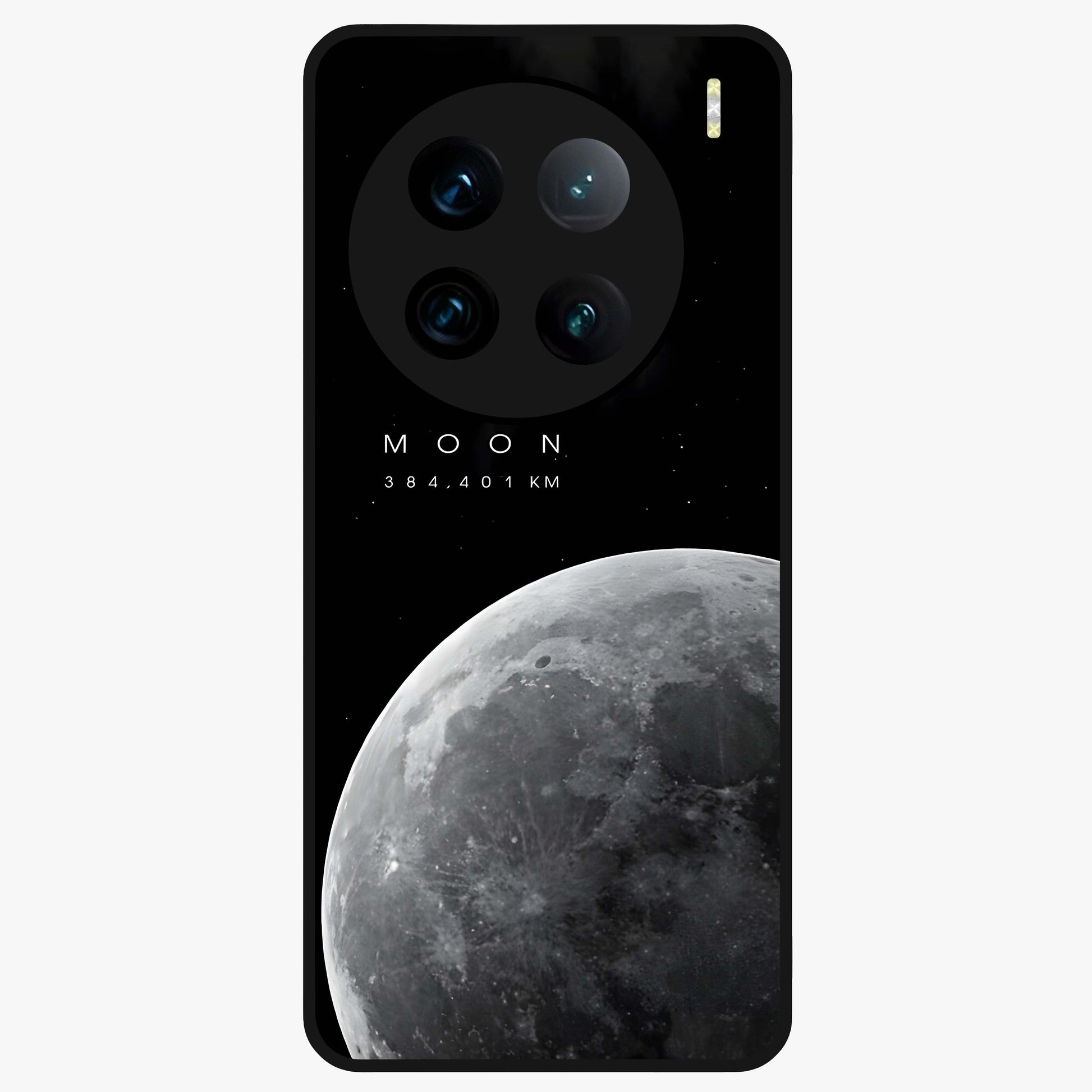 Cosmic Moon Glow Glass Case showing flat back view with glowing moon artwork and glossy glass finish.